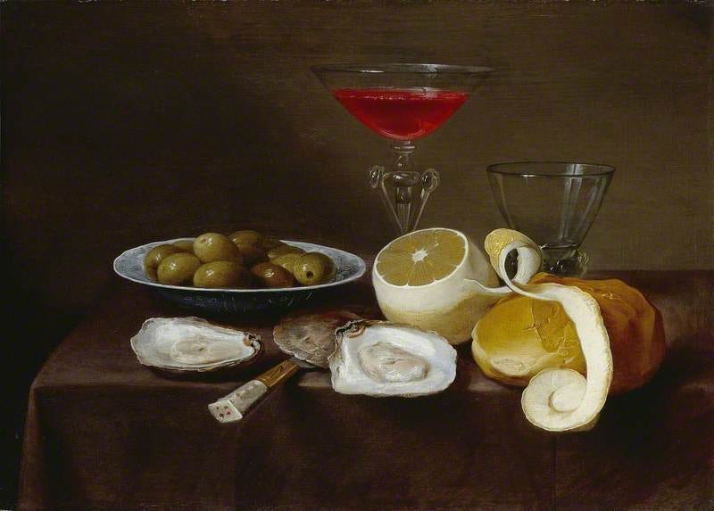 still life painting featuring a shucked oyster, olives, lemon, bread, and wine
