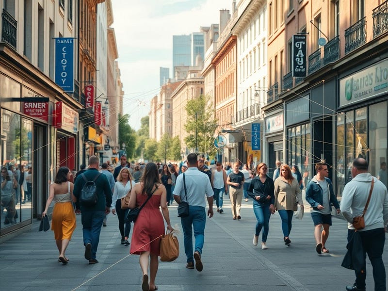 A bustling city street scene with transparent, colourful threads connecting various people going about their day, symbolising their interconnected stories.