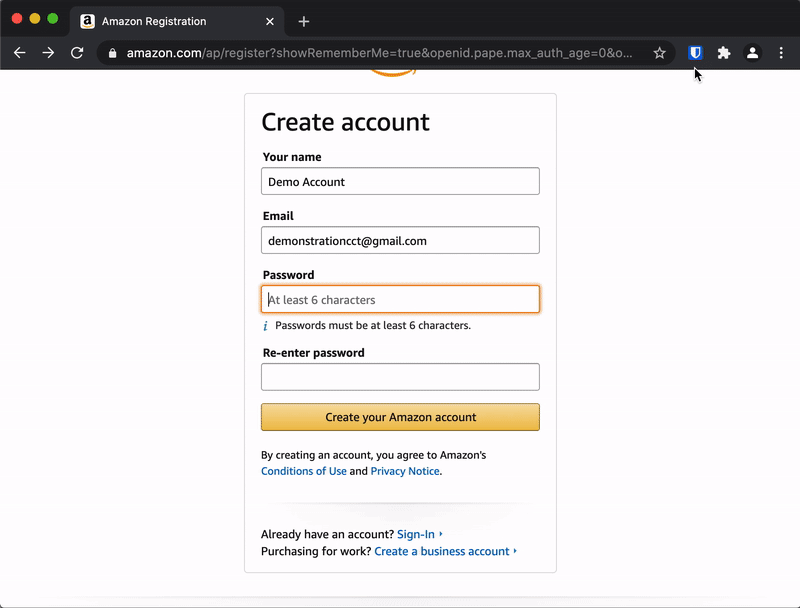 An animation of clicking the Bitwarden extension, customizing a randomized password, and automatically filling it into an online form during account creation.