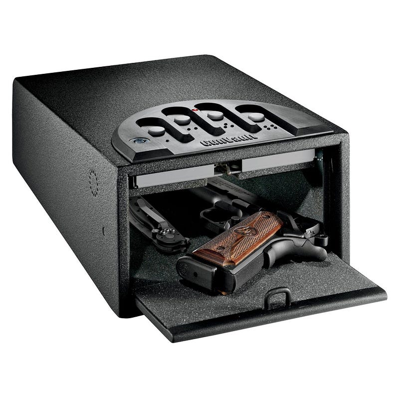 1911 pistol resting in a mini gun safe