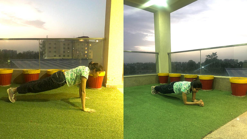 A woman doing a high plank and forearm plank.