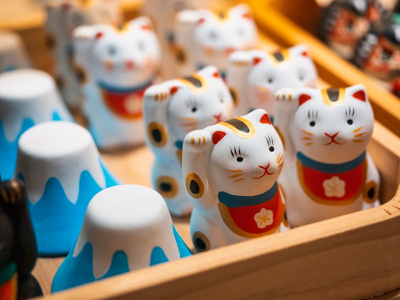 A bunch of kokusan souvenirs on display at a shop in Japan