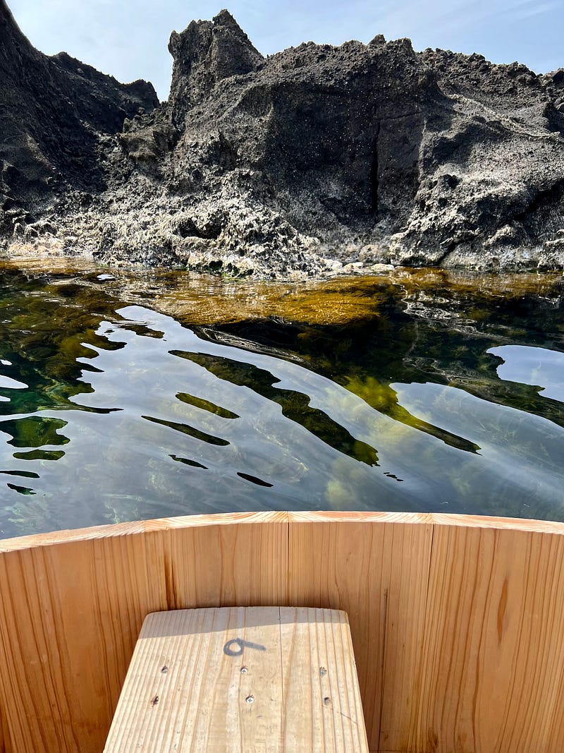 View from tarai-bune tub shaped boat of rugged rocks and clear water.