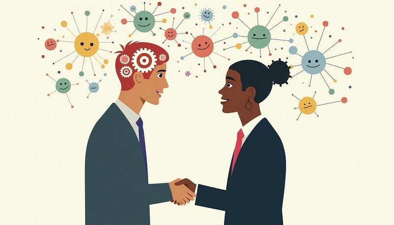 The artwork features two businesspeople, one symbolising self-awareness with gears in the head and the other symbolising social connection with a handshake, all encircled by vibrant icons that represent emotions such as happiness, empathy, and focus.