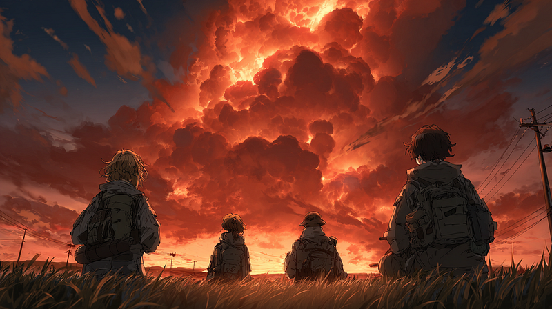 Four people sit in silence, watching a massive red cloud rise on the horizon — a symbol of awe, fear, and unintended creation