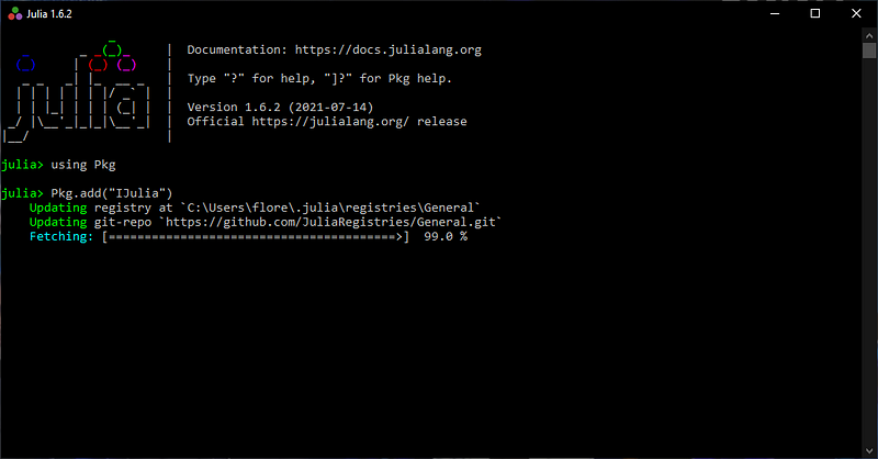 Adding a package with the Pkg.add() commands results in Julia updating the registry then fetching the necessary elements to install the package in the current environment. © Florent Poux
