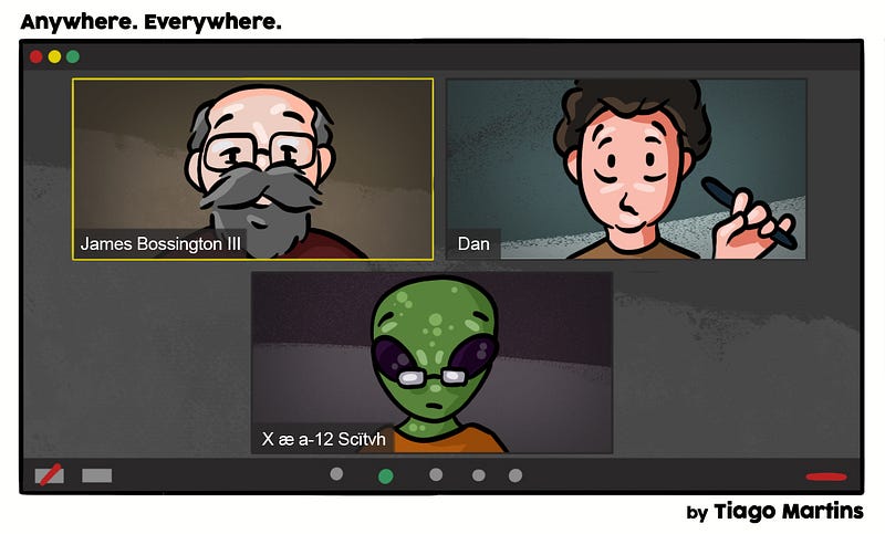Cartoon of a zoom call between an older person, a young man and an alien