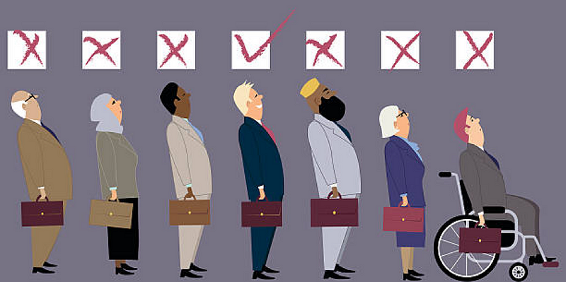 Image of several people in a line. Minorities have an X above their head. White man in a suit has a check mark above his head.