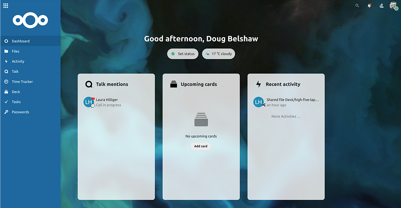 Screenshot of Nextcloud dashboard. Naviagation menu on left hand side of the screen, tiles showing current/recent activity in the centre.