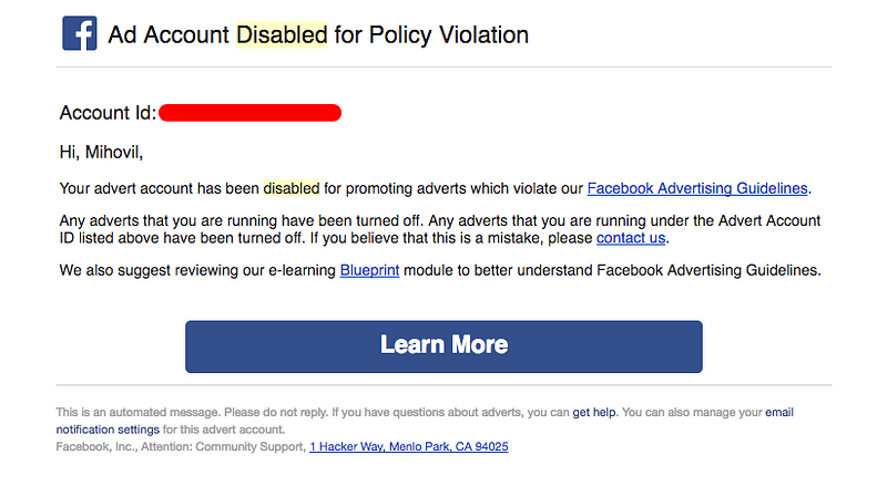 ad account disabled for policy violation