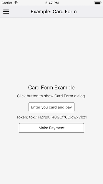 Received token from Stripe — Sample React Native app