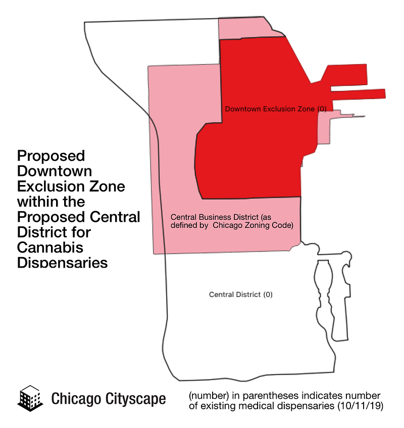 Map of proposed downtown exclusion zone for cannabis dispensaries.