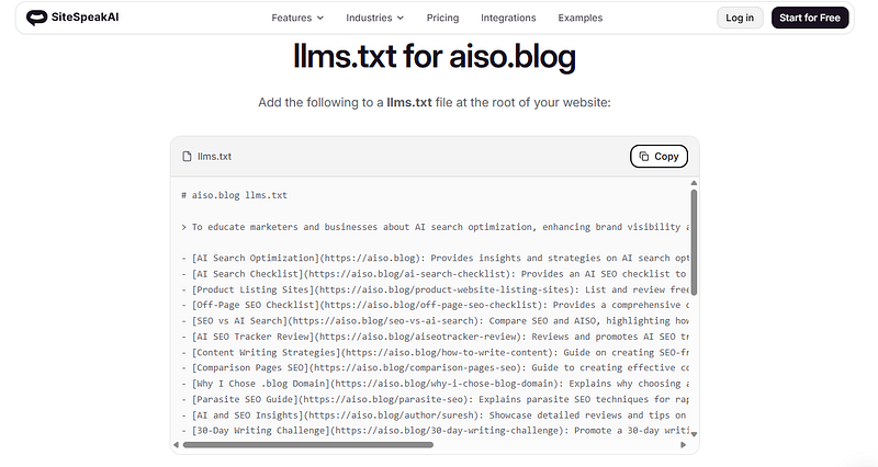 Sitespeak AI LLMs TXT Generation on AISO Blog