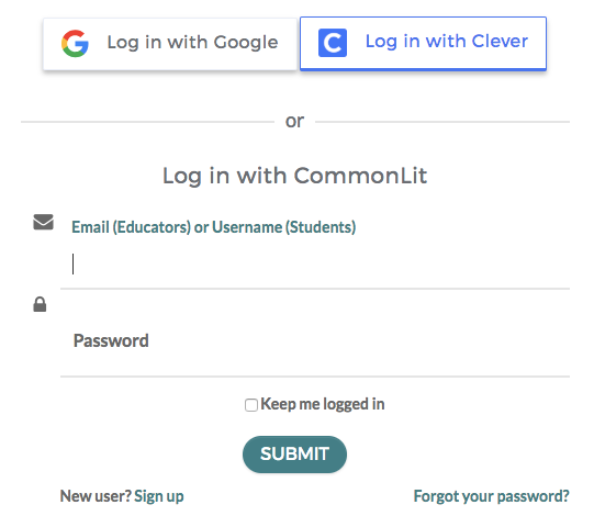 CommonLit login page. 