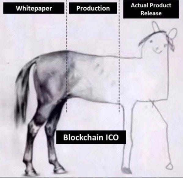 Crypto ICO Vaporware meme: horse drawing from tail to head