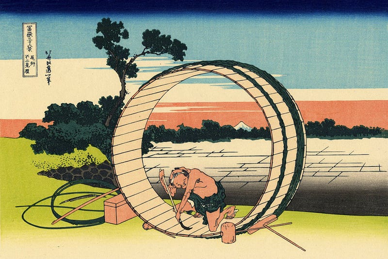 The Japanese proverb tells of barrel makers who become wealthy as a result of wind. Barrel maker busy at work.