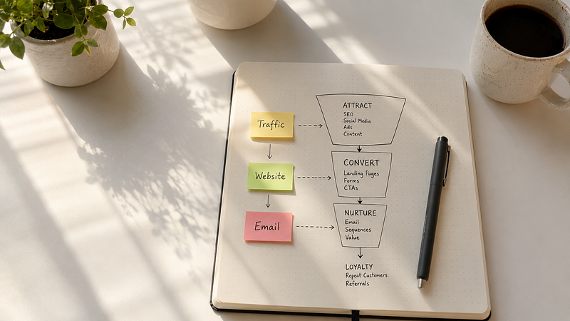 A notebook illustrating a unified digital marketing ecosystem pipeline, mapping the flow from traffic discovery channels to a conversion hub and email retention loops.