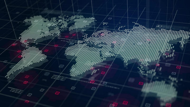 Abstract digital world map overlaid with grid lines and data markers, representing global localization, regional variation, and system-wide coordination.