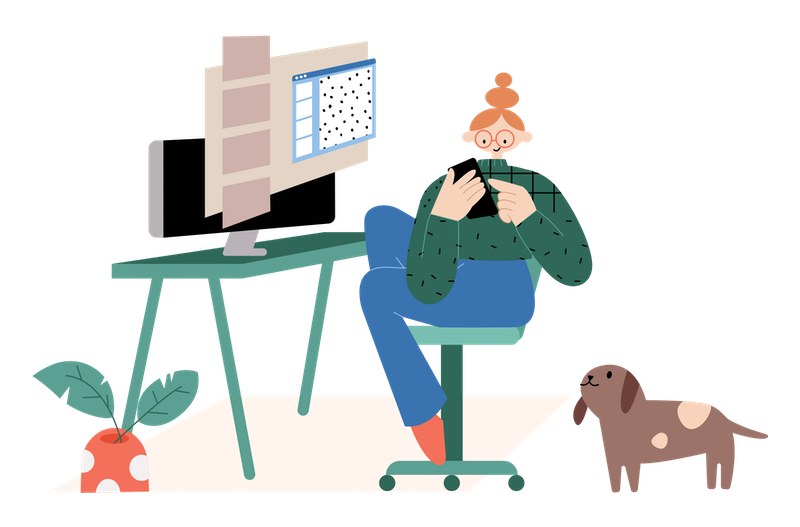 Illustration of a woman seating with her phone, computer and dog, thinking about accessibility in her design process. Illustration by Karthik Srinivas.