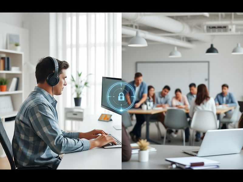 A split screen: one side showing a person focused at a clean home desk with headphones on, the other side showing the same person actively participating in a lively office meeting. A subtle digital connection graphic links the two sides.