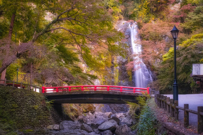 Minoo Park’s iconic waterfall in Osaka Prefecture during autumn