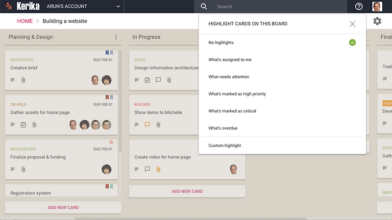 A screenshot of a Kanban board showing the different smart highlights options.