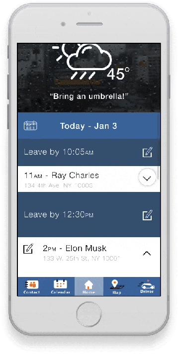 animation of a clickable prototype moving between screens for a meeting calendar, weather, and transportation schedules