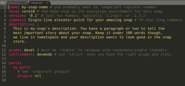 Standard snapcraft.yaml file after initialization. (Credit: snapcraft on youtube.com)