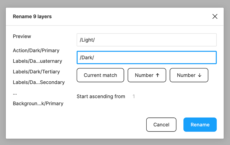 Rename dialog box — Match and Replace