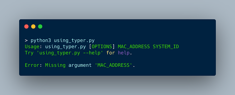 Shows the screenshot when running the software license script created with Typer without arguments