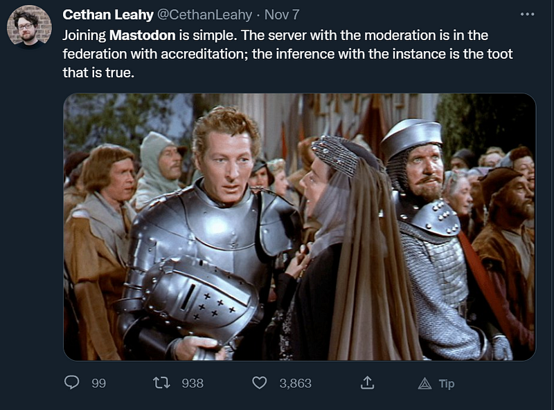 A snapshot of a Twitter post that reads: “Joining Mastodon is simple. The server with the moderation is in the federation with the accreditation; the inference with the instance is the toot that is true.”