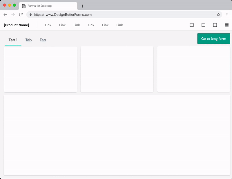 Gif showing a complex form appearing as a long form on a dedicated page on a desktop screen