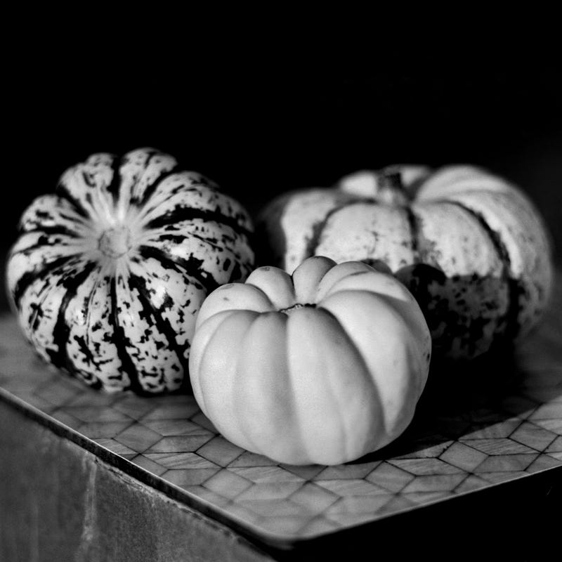 A black and white photography depicting a still life of three pumpkins of different colours/textures, arranged in a triangle on a box, with a sheer black background, and side lighting enhancing the texture of the ridges in the pumpkin.