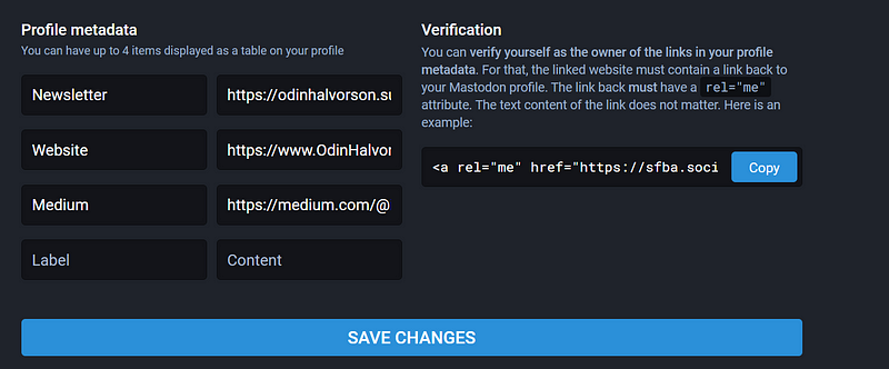 Example of profile metadata section.