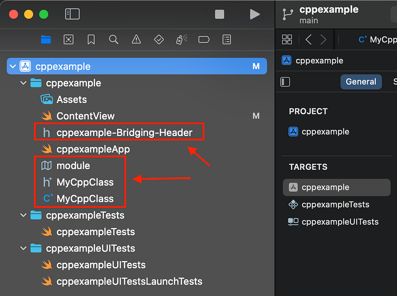 Xcode project structure showing C++ files integration
