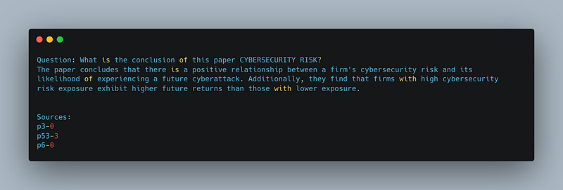 A screenshot of a terminal after a question has been entered, and the response was returned.