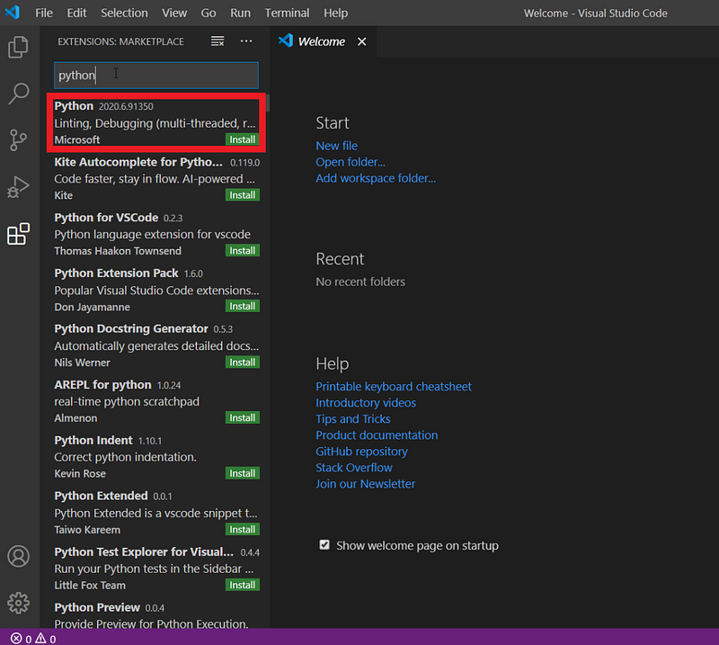 Install python extensions for visual studio code