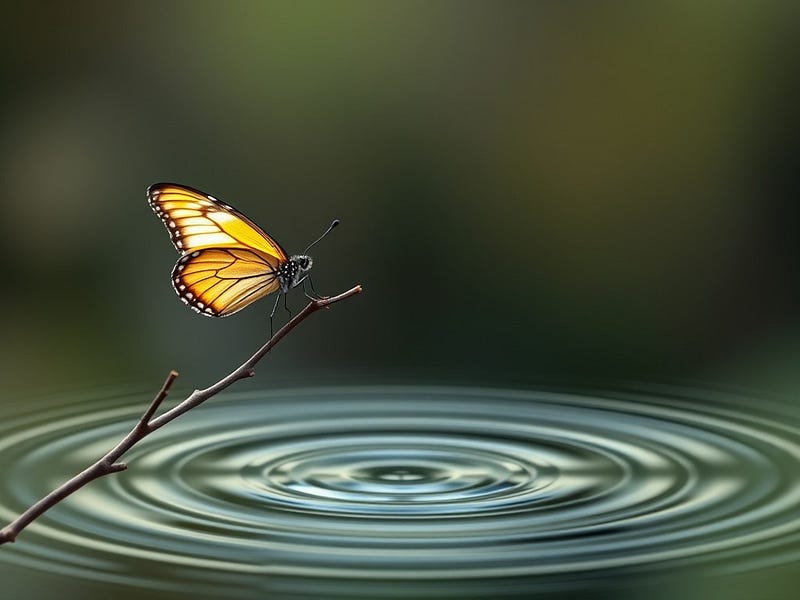 A lone butterfly perched on a delicate branch with faint ripples spreading outward, symbolising the profound impact of small decisions in a vast, interconnected world.