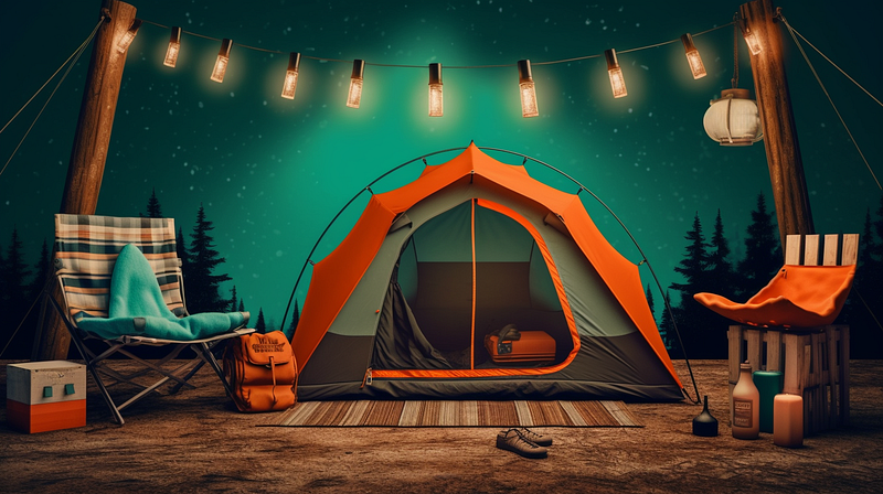 campsite with festival tent, string lights and camping chair