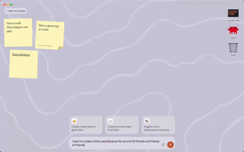A GIF animation showing the “Imagine with Claude” experiment in action