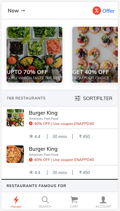 Food ordering app home page for Ionic Dark mode example