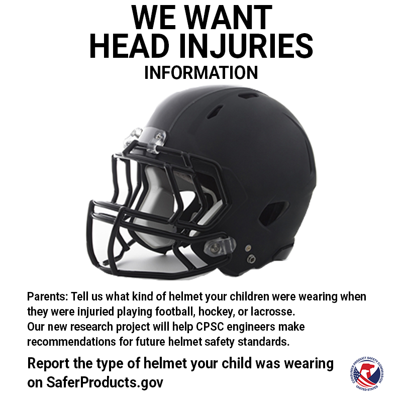 A football helmet with the words “We want head injuries (information) above.