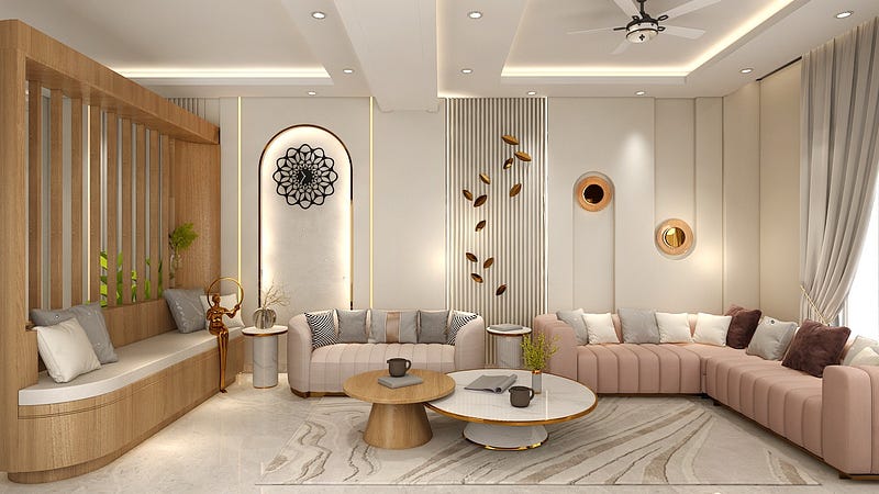 This modern luxury living room interior features a stylish curved sectional sofa, elegant wall paneling, and warm ambient lighting that create a sophisticated and inviting atmosphere. The space is enhanced with wooden partitions, decorative wall art, and a designer center table set. Neutral tones combined with soft textures and contemporary decor elements make this living room perfect for modern homes seeking comfort, elegance, and functional design.
