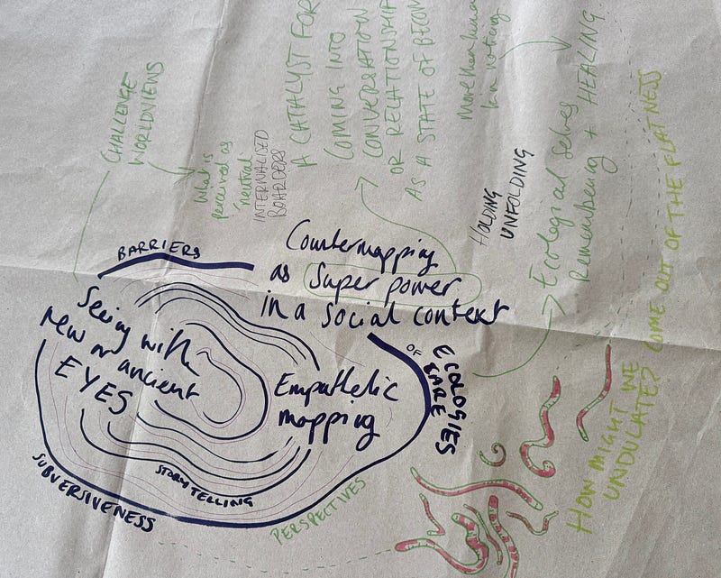 A section from brown paper table cloths that we used to capture our collective documentation during our counter-mapping learning huddles. This is a key practice of commoning knowledge in the network we are trying to rehearse.