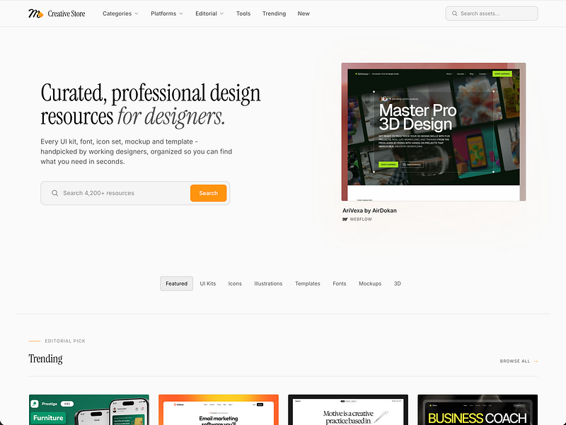 Muzli Creative Store homepage featuring curated design resources, templates, fonts, mockups, and UI kits with a clean editorial layout and searchable asset marketplace
