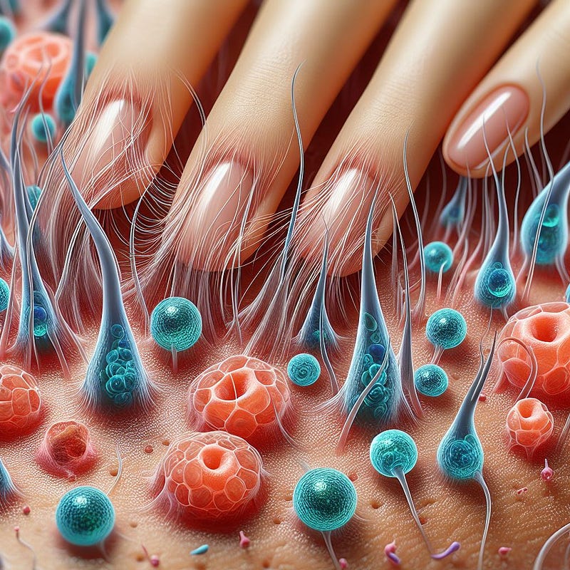 Visual representation of molecular mechanisms in hair growth, highlighting the role of hair follicles, stem cells, papilla, and the processes of miniaturization, regeneration, and generation.