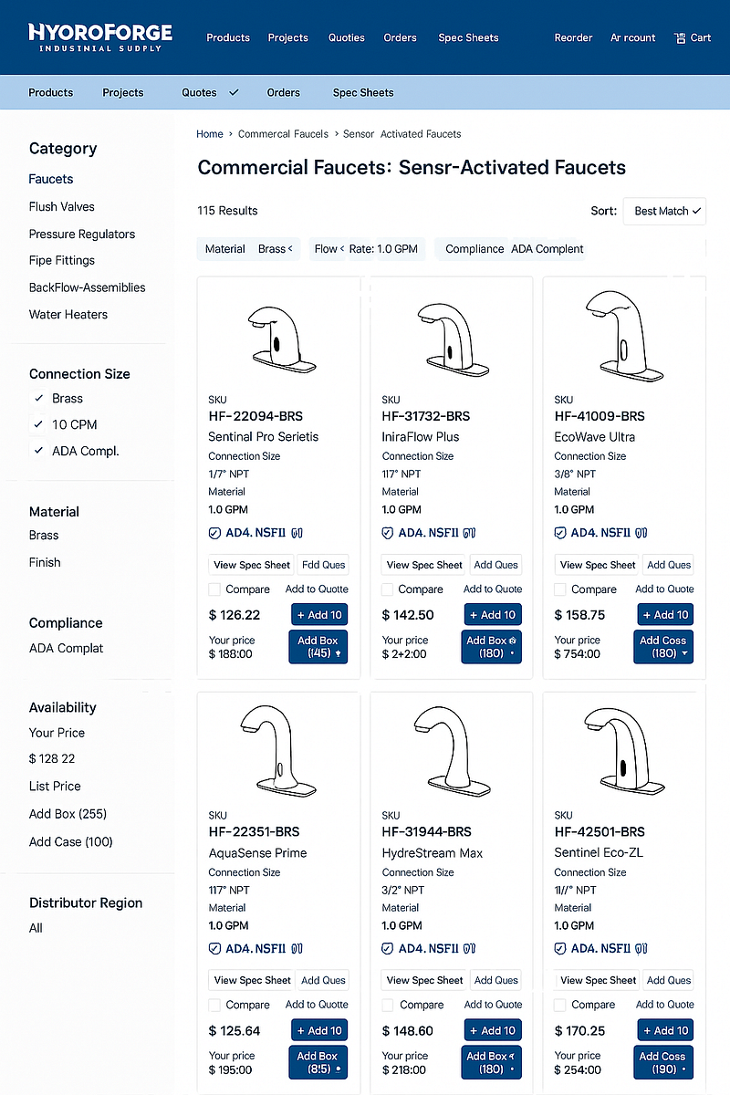 Business-to-business product listing page for sensor-activated commercial faucets, showing a dense grid of SKUs with technical specifications, compliance badges, pricing tiers, bulk add-to-cart actions, and a left-hand filter panel for category, material, connection size, and availability.