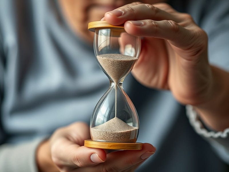 An elderly hand holding an hourglass with sand trickling down, symbolising the passage of time and the complexity of ageing.