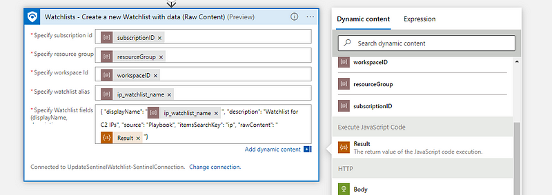 Resulting ‘Create a new Watchlist with data (Raw Content)’ action.