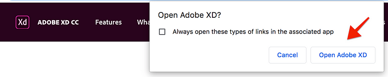 Arrow pointing to Open Adobe XD window.
